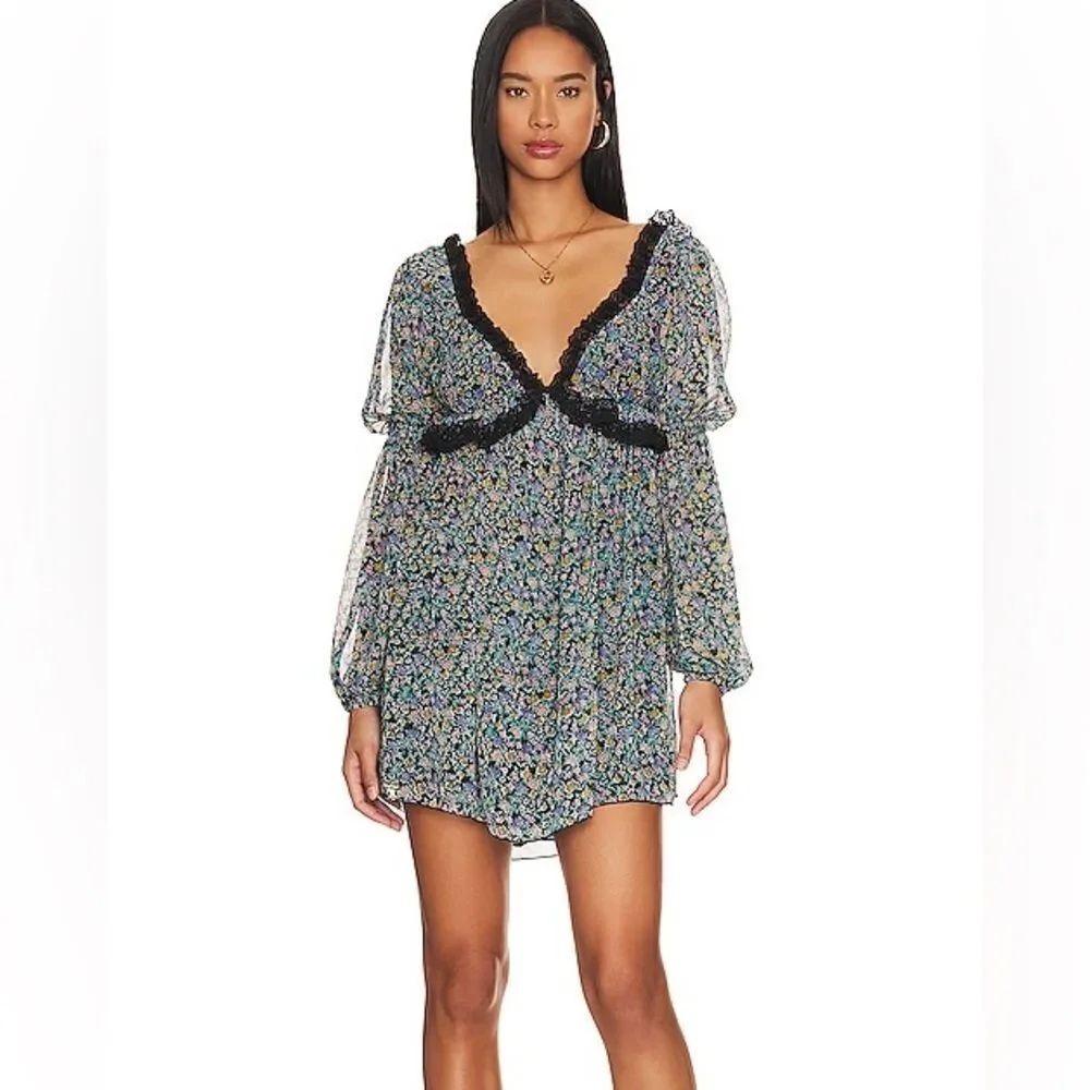 New Free People Pennie Floral Print Ruffle Long Sleeve/ size M